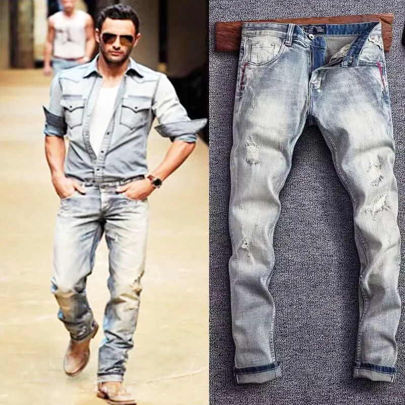 Street Fashion Men Jeans High Quality Retro Light Blue Stretch Slim Fit Ripped Jeans Men Patched Designer Vintage Denim Pants