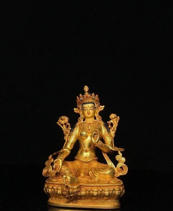 8'' Old Tibet Bronze Gilt Paintings Green Tara Mahayana Goddess Buddha Statue