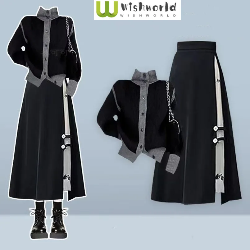 

Korean Casual and Fashionable Women's Set New Style with High-end Temperament Black Sweater+skirt Two-piece Set