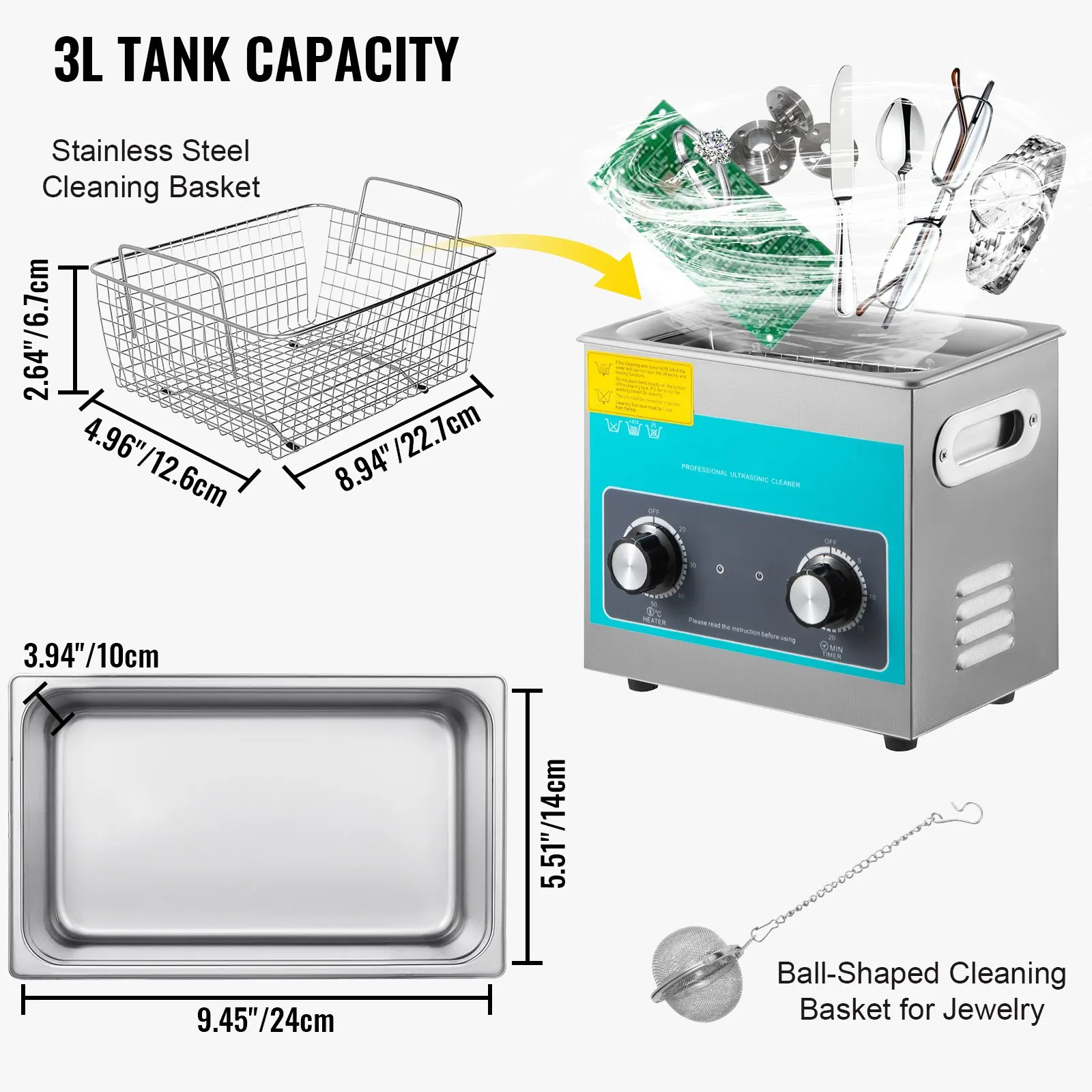 Knob Ultrasonic Cleaner 3L 40kHz Ultrasonic Cleaning Machine With Heater & Timer for Cleaning Jewelry Eyeglasses Watches