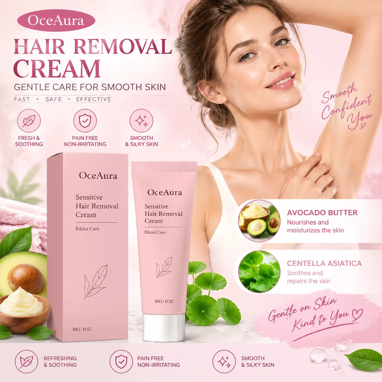 OceAura Body Hair Removal Cream Depilatory Sensitive Skin Care Smooth Painless Centella Bikini Hair Removal Cream for Women 30g