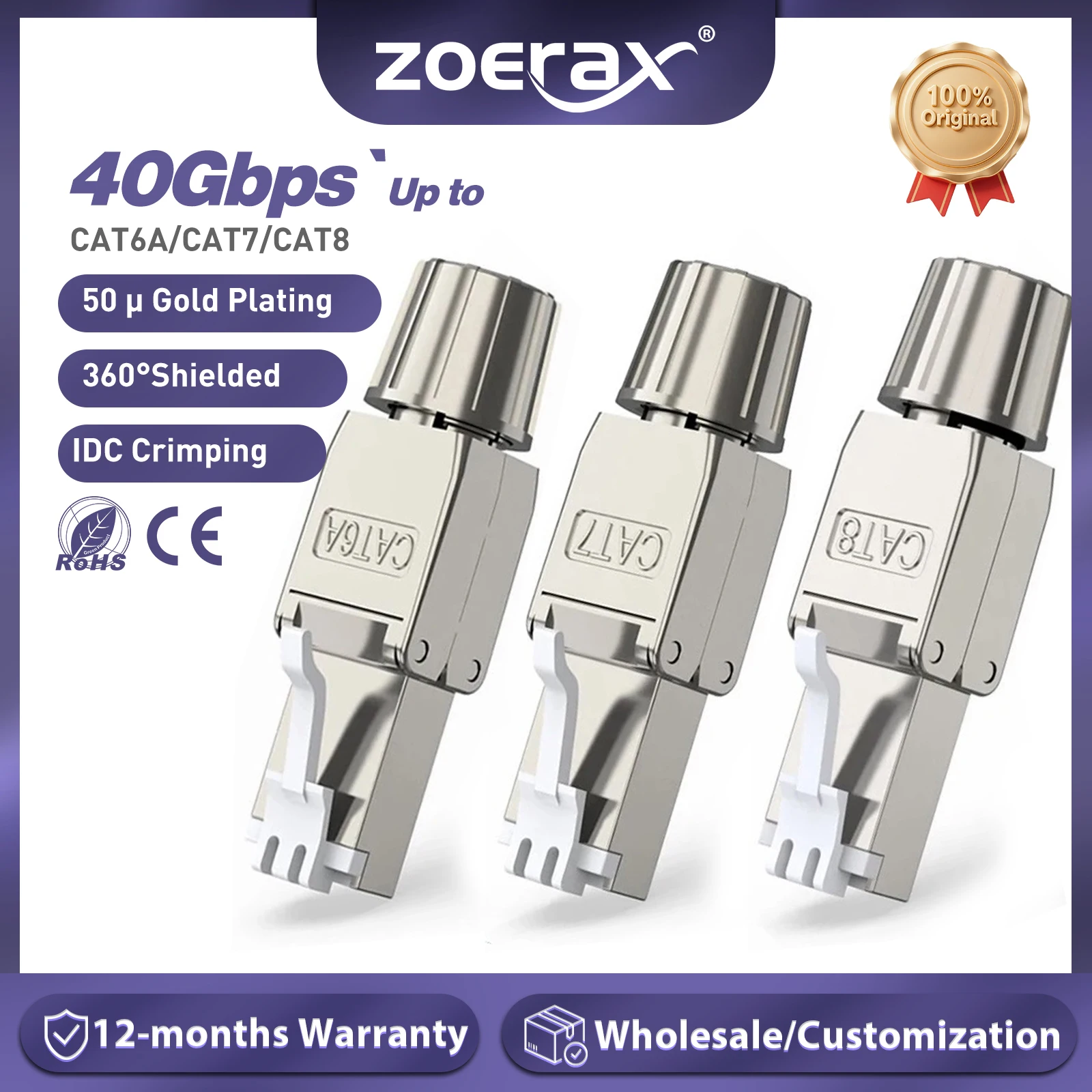 Złącze ZoeRax RJ45 Cat8 Cat7 Cat6A, bezużywające narzędzi, ekranowane/niesekretnione, do zakończania kabli Ethernet 23~26AWG STP/UTP.