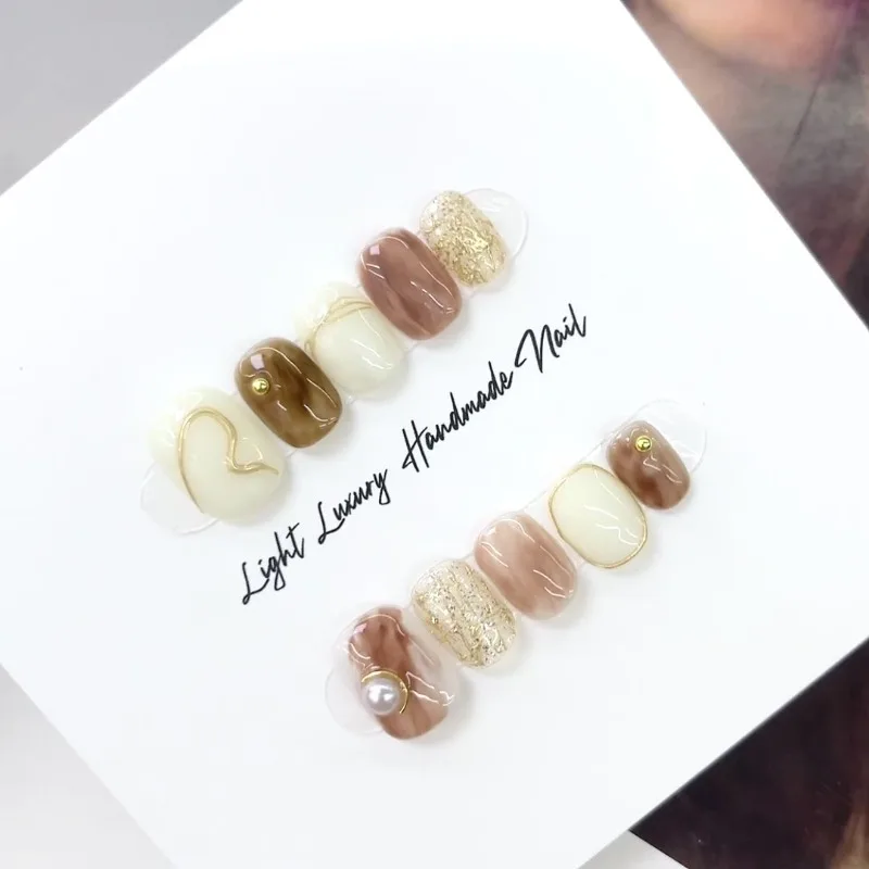 

10pcs Handmade Press on Nails Light Coffee Color Autumn False Nails for Women High Quality Fake Nails Prosthetic Nail Set 2025