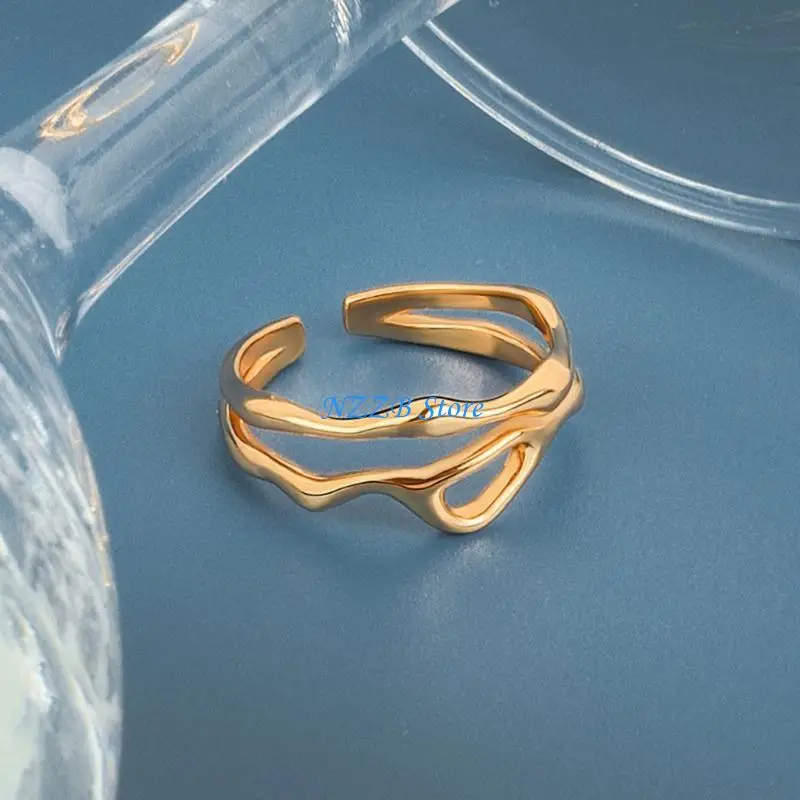 

T21F Irregular Shaped Rings Adjustable Curved Double Line Rings Statement Accessory