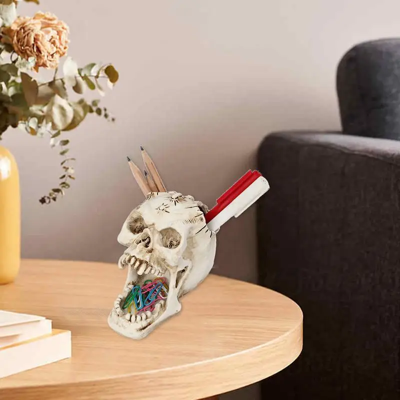 

Pencil Cup Skull Pen Organizer Pot Pencil Container Scary Spooky Goth Decorations Trick Or Treat Decor Skull Makeup Brush Holder