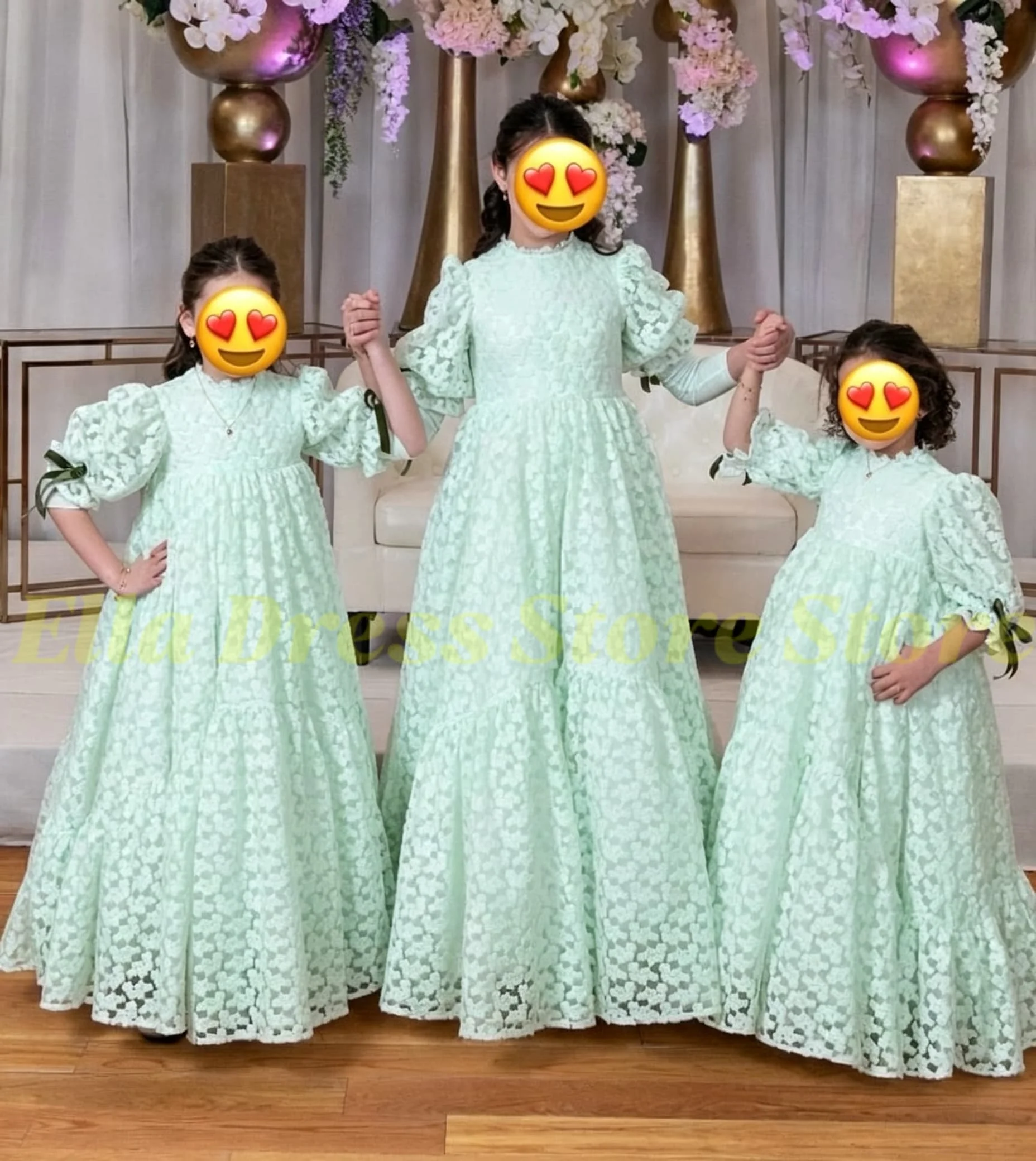 Blumenmädchenkleid Weiß mit Ballonärmeln, Blumenmädchenkleider für Hochzeiten, Ausgeschnittene Spitze, Langes Prinzessinnenkleid für Kinder, Festkleid für Mädchen – Detail 3