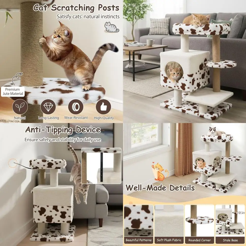 

Компактный кошачий комплекс 30 дюймов с джутовой когтеточкой, 2-дверным домиком, мягкой лежанкой и платформами для прыжков – Кошачья башня с принтом коровьей шкуры для дома