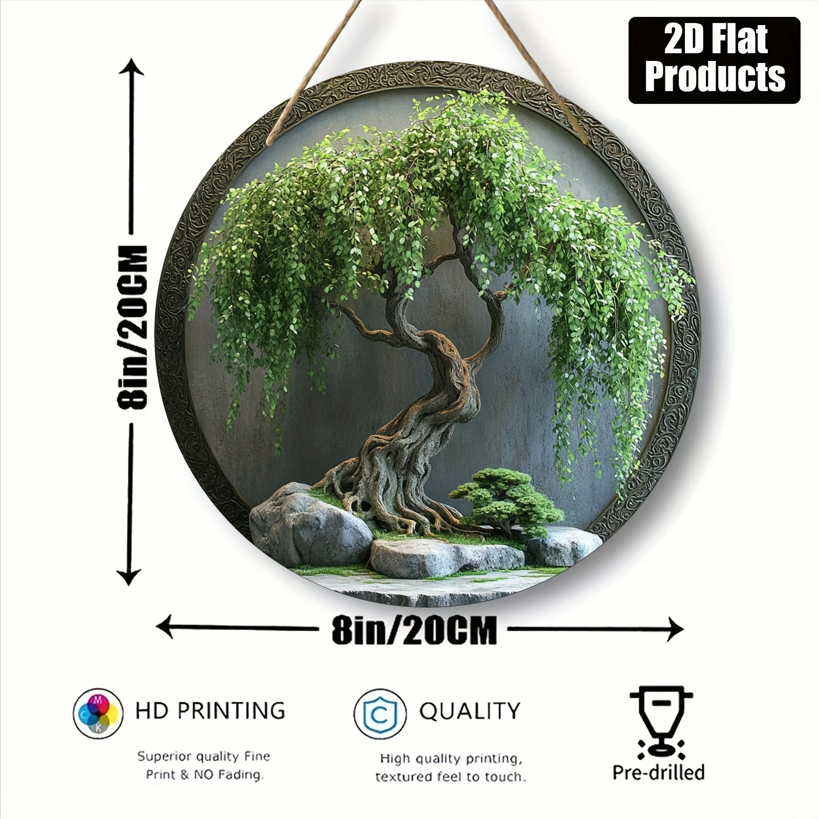 Ein flaches, kreisförmiges 2D-Holzschild, verheißungsvolle Dekoration mit Weiden-Bonsai-Thema, für Zuhause, Wohnzimmer und Büro