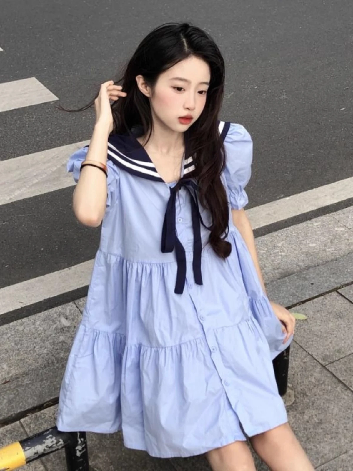 

Navy collar dress for women in summer 2024, new sweet college style, slim waist, niche short sleeved A-line short skirt