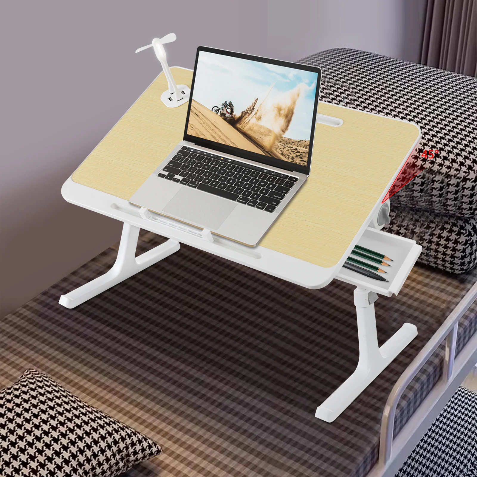 Opvouwbaar bed aluminium laptoptafel, houtkleur/grijs rechthoekig multifunctioneel lapdesk 60*40cm voor slaapzalen, slaapkamers