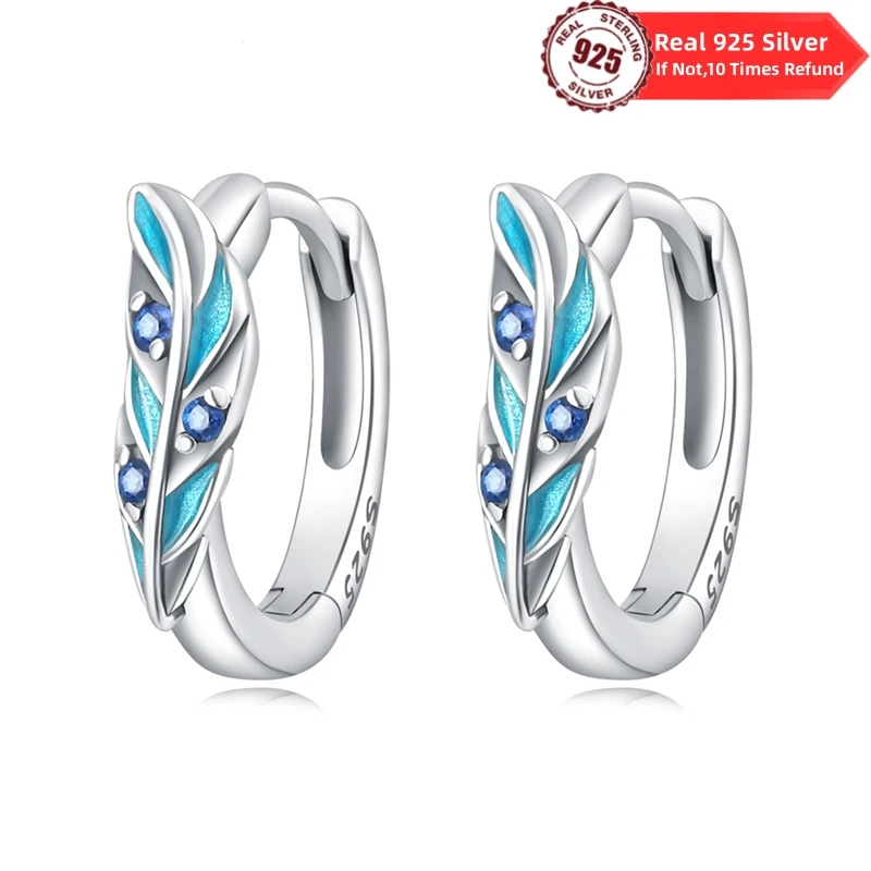 Classic Earrings 925 Sterling Silver Blue feather CZ Hoop Earrings for Women Birthday Party Wedding Engagemen Gift Jewelry