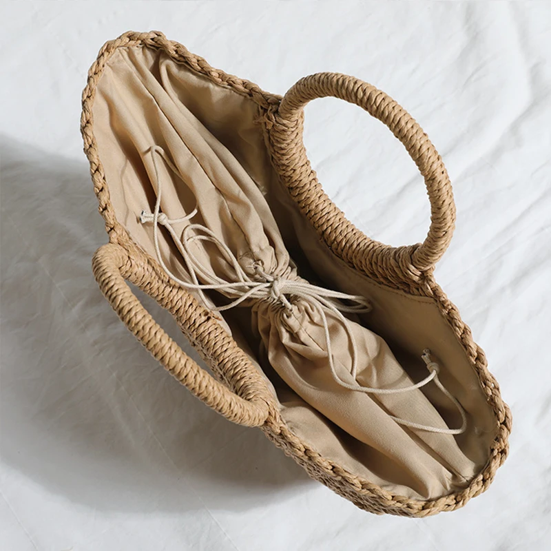 Summer Half-moon Straw Bag For Women Handmade Portable Handbag Large Capacity Beach Bag Basket Woven Top-handle Bag Purse Totes