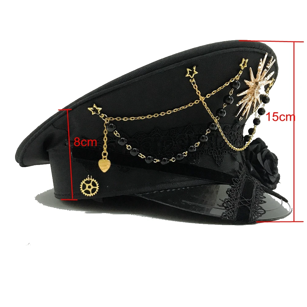 Cappello militare Lolita gotico Berretto da donna Cappelli Steampunk piatti da capitano marinaio con croce nera femminile