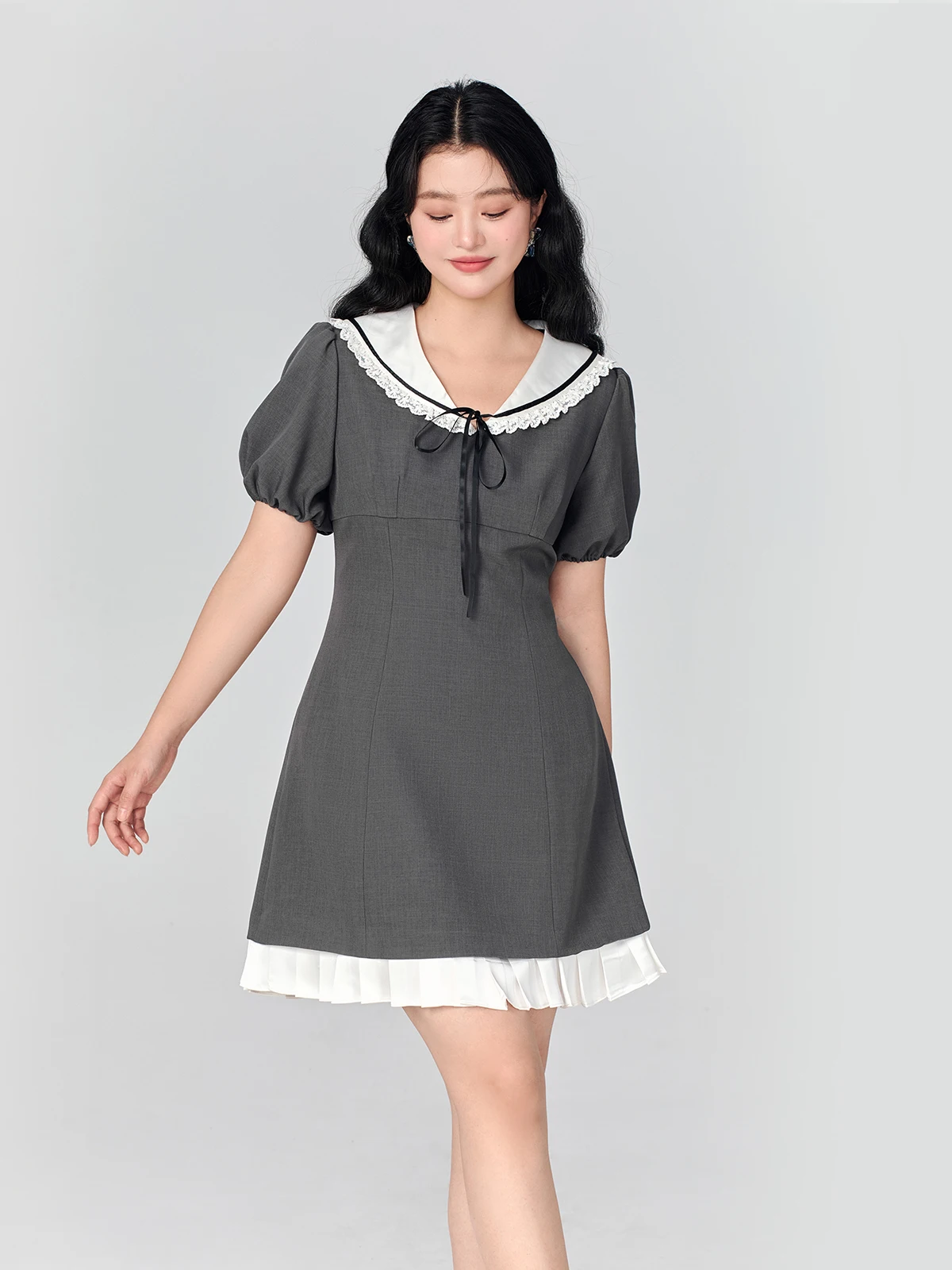 GW plus Size Navy Collar ort Sve Dr Ele Waist Cinching Slimming A-Line Midi Dr สำหรับผู้หญิงไซส์ใหญ่ ฤดูร้อน ใหม่