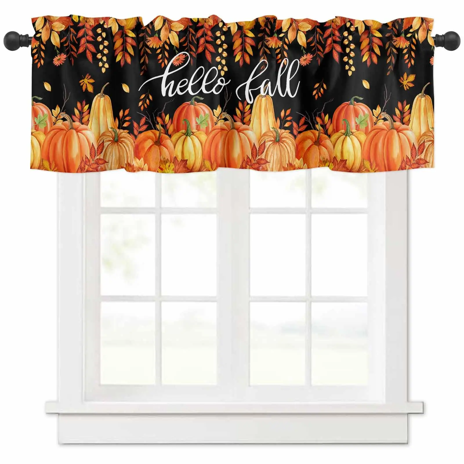 

Fall Curtain Valance for Windows Rod Pocket Thanksgiving Autumn Pumpkin Maple Leaves Window Treatments 1 Panel Short Curtains