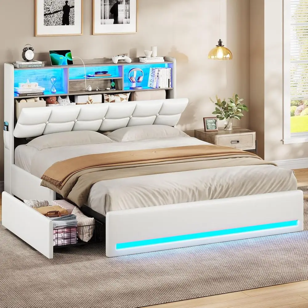 

Двуспальная кровать с изголовьем-книжной полкой и местом для хранения, мягкая кровать-платформа с зарядной станцией, 4 ящиками и LED-подсветкой