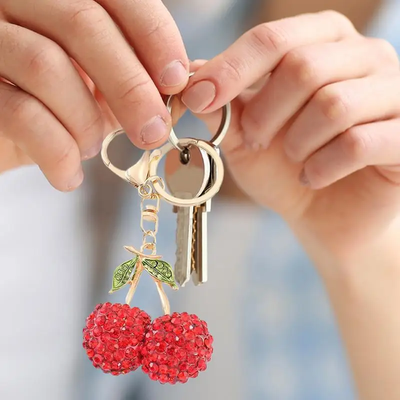 Crystal Rhinestone Cherry Keychain For Women Cute Fruit Key Car Keyring Girl Bag Pendant Key Rings Holder Jewelry