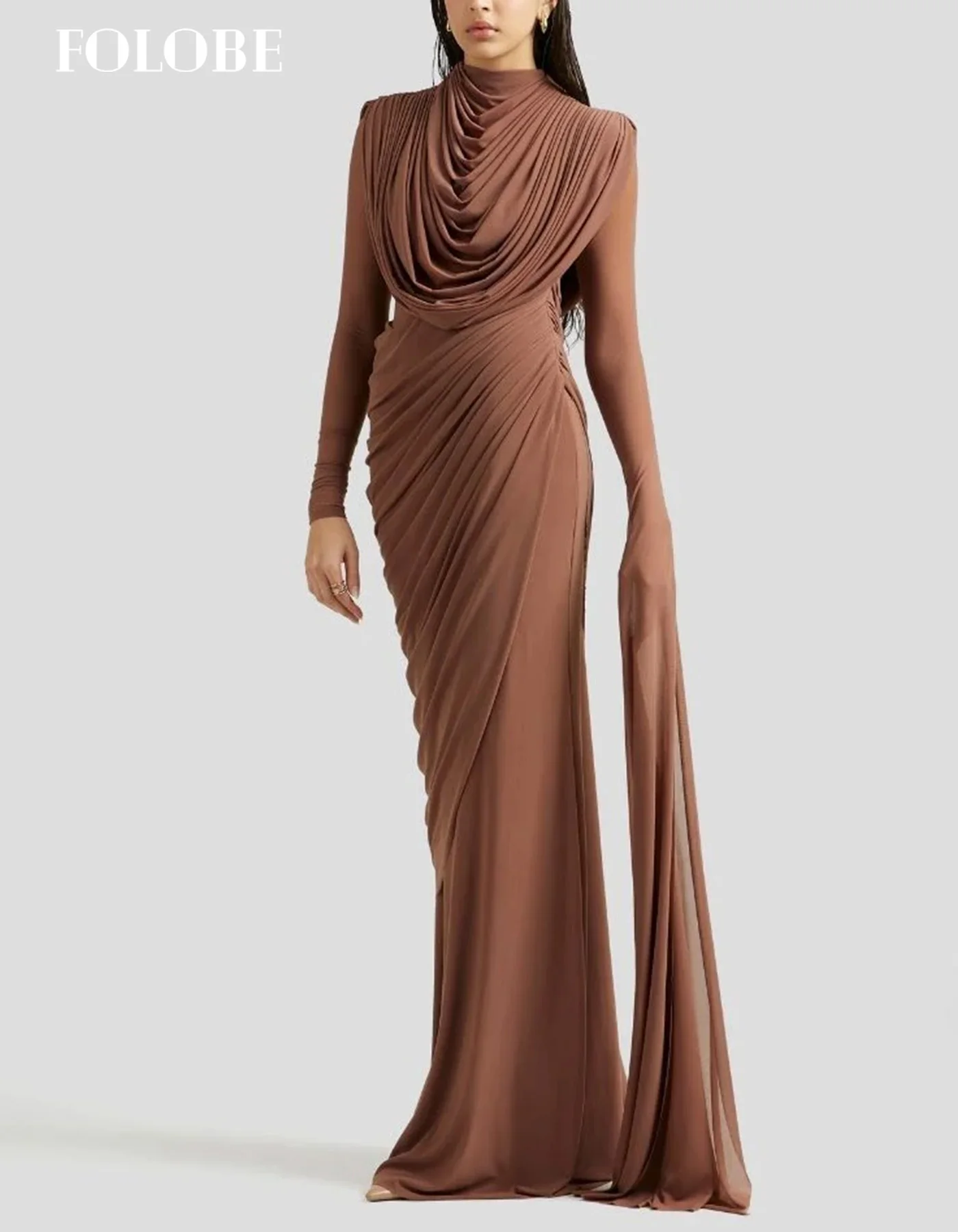 FOLOBE chiffon bruin avondjurk volledige mouwen zeemeermin plus prom feestjurken elegante eenvoudige maxi galajurken op maat