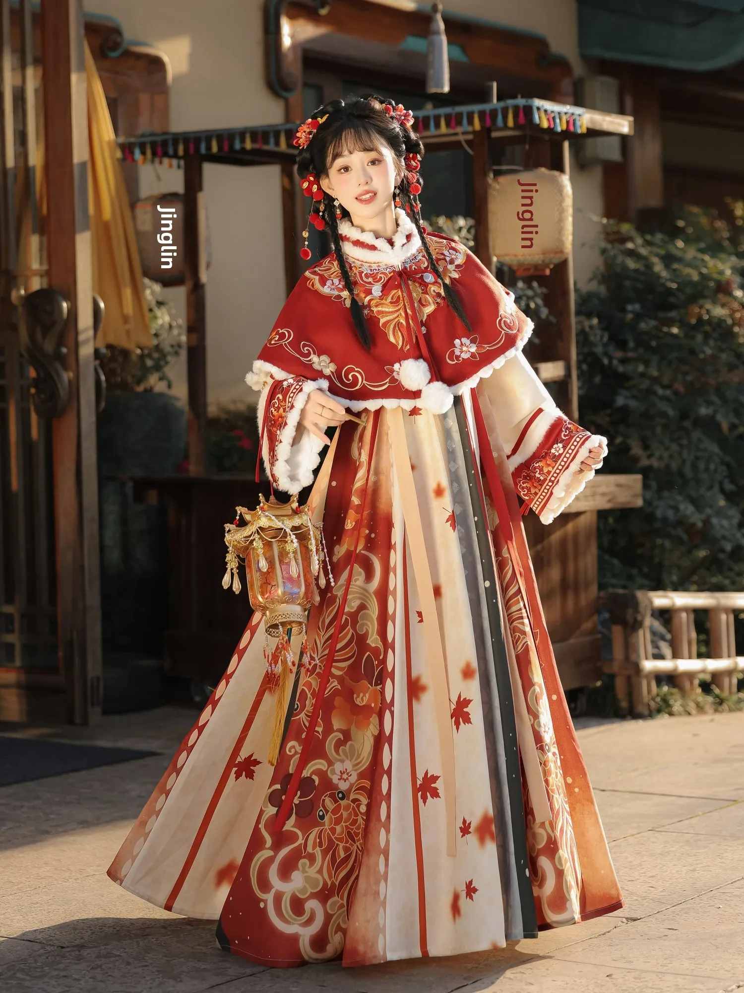 

Original Winter Hanfu Set (Jin Sui Huan) Tang Dynas Chest Length Fce Lined ort Cloak New Year eeting Ensemble