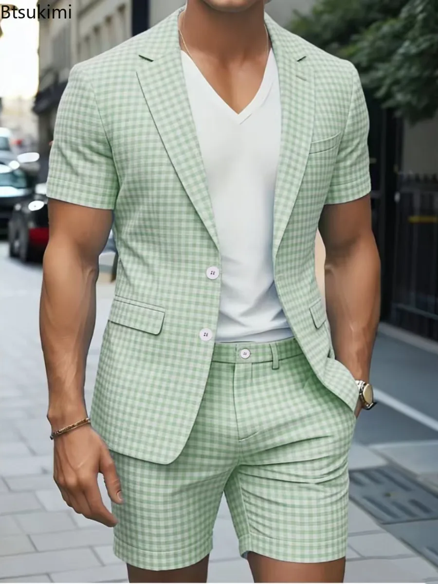 

2026 New Men's 2-piece Outfit Fashion Green Plaid Short Sleeve Men Suit Set Summer Thin Breathable Business Casual Male Suits