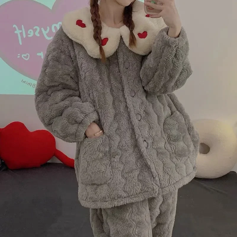 

Can Be Worn Outside Doll Collar Simple Pajamas Ms.winter Thickening Type Coral Fleece Loungewear Set Extra Large Size 140 Kg