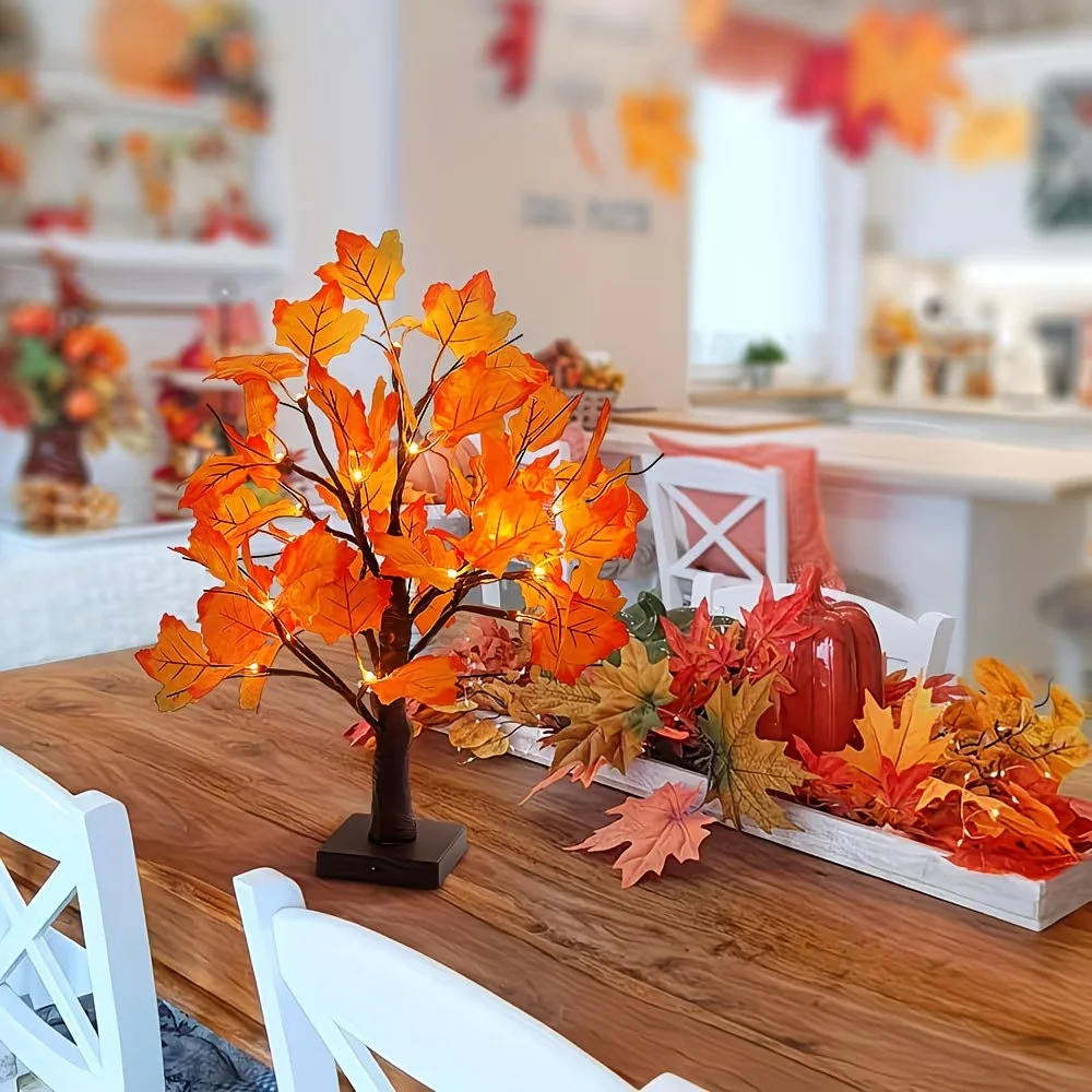 1PC 24 LED Thanksgiving Fall Maple Tree Lights Decorative Table Lights Battery Operated for Home Indoor Outdoor Halloween Decor