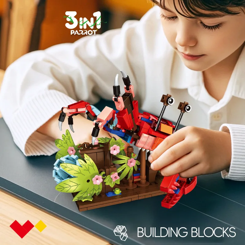 MOC 3 in 1 Amazon Jungle Series Building Blocks Simulation Animal Model Parrot Chameleon Crab Cartoon Bricks Toys for Kids Gifts