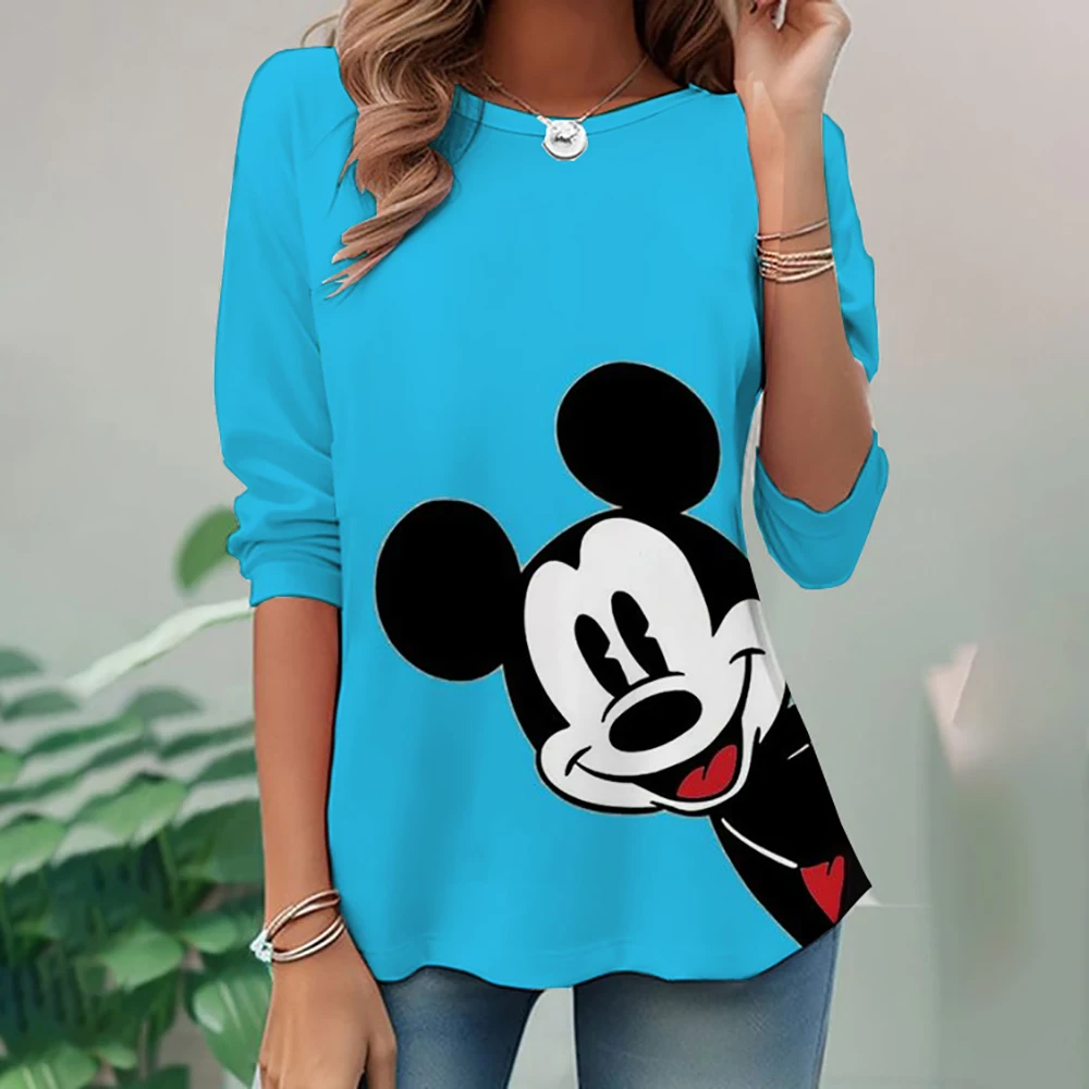 Women's long sleeved round neck loose casual T-shirt, women's long sleeved Disney Mickey Mouse printed pullover, fashionable