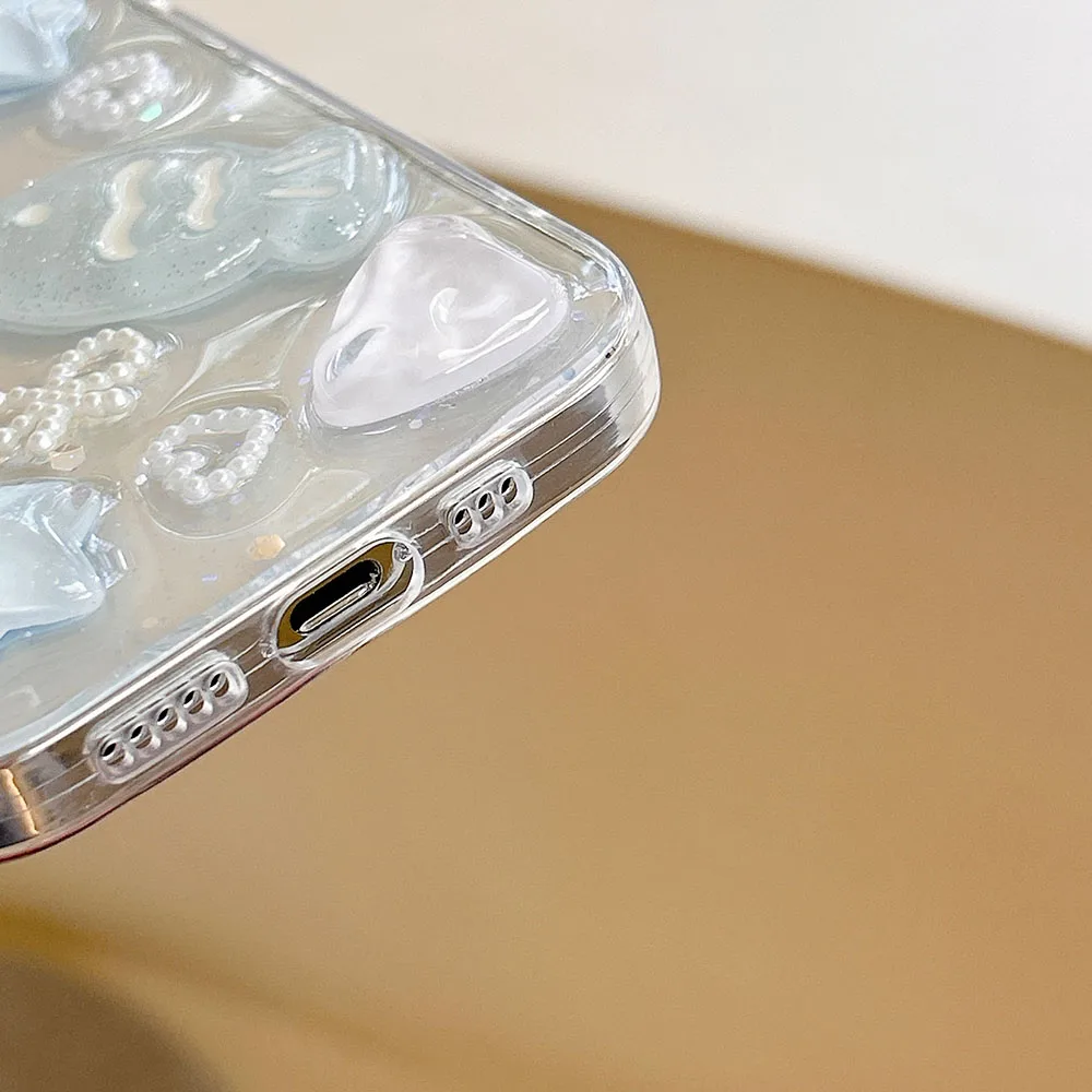 เคสซิลิโคนลายโบว์ไข่มุกดาวทะเล3D ปลาในฤดูร้อนรักหัวใจใสสำหรับ iPhone 16 15 14 PLUS 13 12 11 PRO MAX