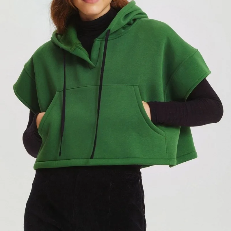 2025 Design Sense New Export Sports Style Hooded Short Sleeve Pocket Short Vest Sweatshirt Women