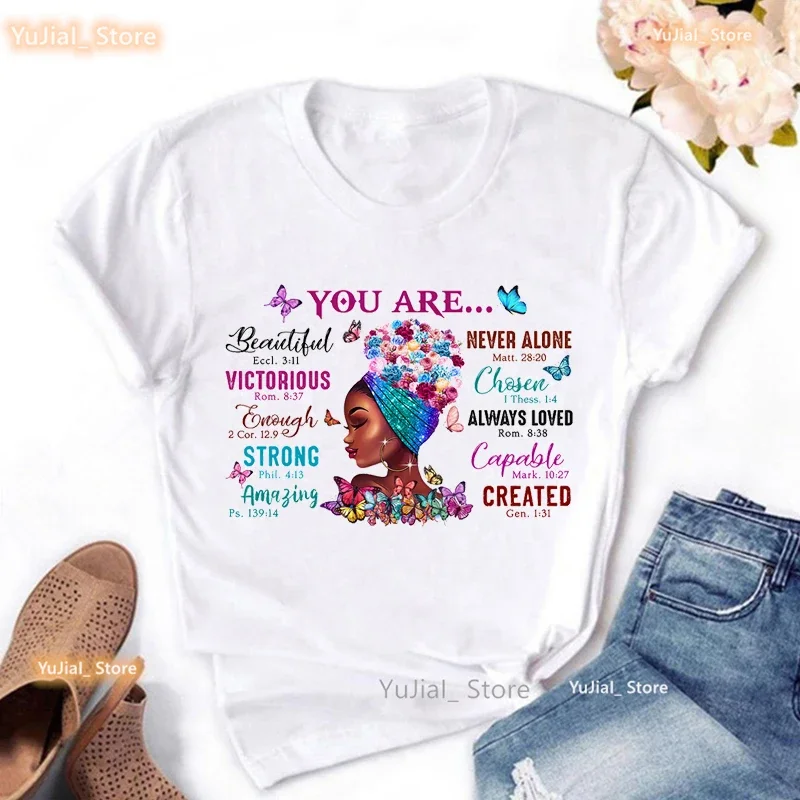 Camiseta gráfica preta com estampa feminina, camiseta borboleta mágica, você é linda, nunca sozinho, forte, surpreendente, capaz, fêmea, meninas