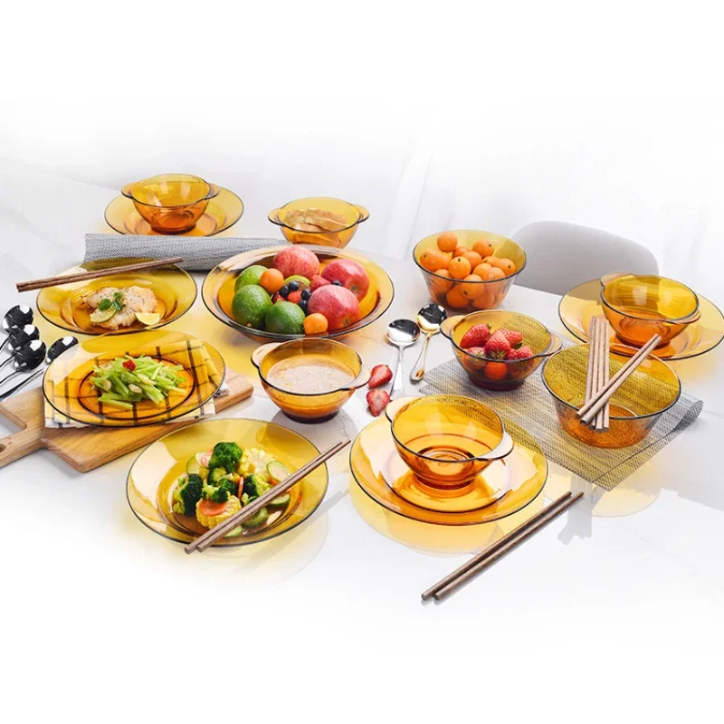 Tableware Set French Tempered Glass Light Luxury Brown Household Bowls and Dishes Bowl Plate High Temperature Resistance