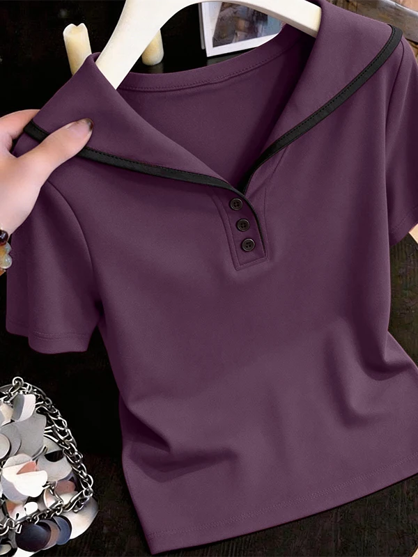 Loose Fit Pure Cotton Short Sleeve T-Shirt Women's Fashionable Summer New Style Button up Neck Splice Color Block Top