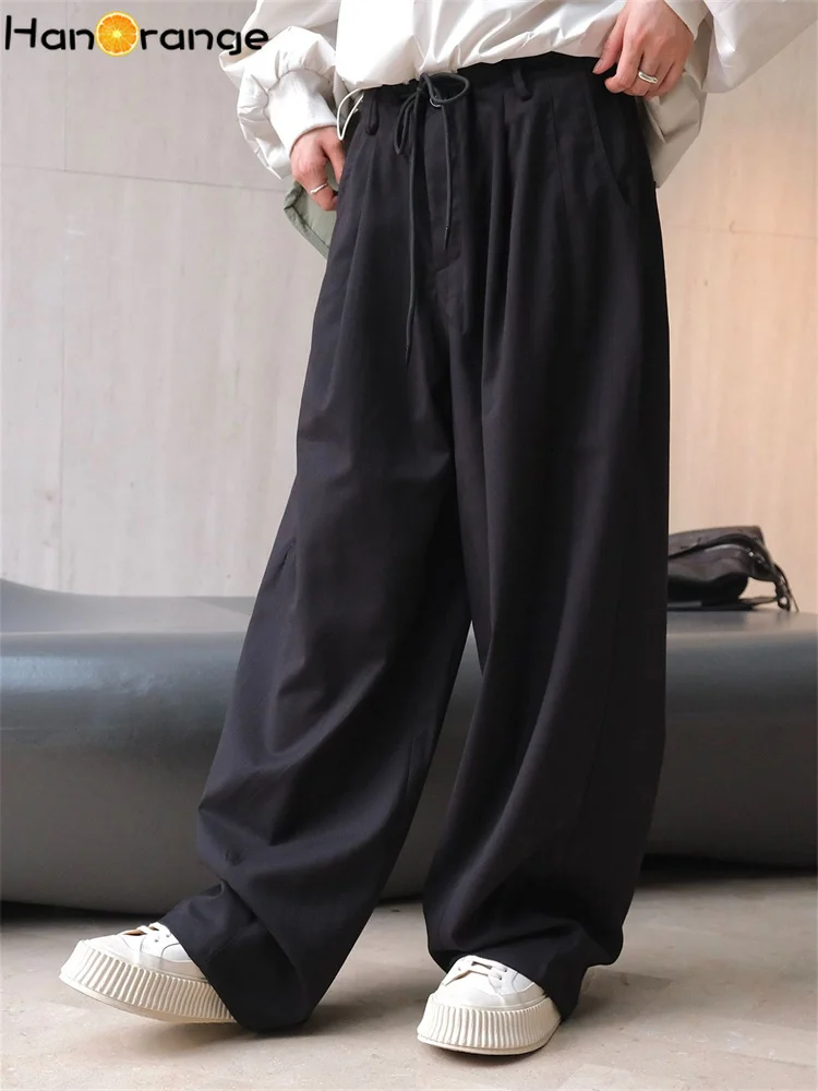 HanOrange 2024 Autumn Fashion Stripe Casual Pants with Drawstring Women Drop Wide Legs Trousers Black/Gray