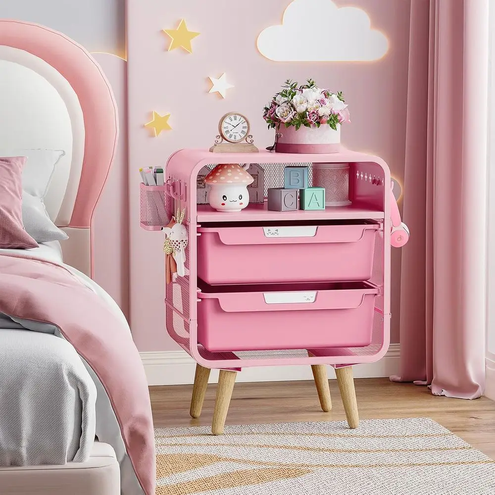 Compact Pink Storage Nightstand for Kids, Bedroom, Dorm, and Office Use