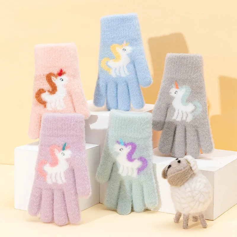 

Cartoon Unicorn Cute Baby Warm Winter Thickened Children's Gloves Five-Finger Boys' and Girls' Mittens Suitable for Ages 5-10