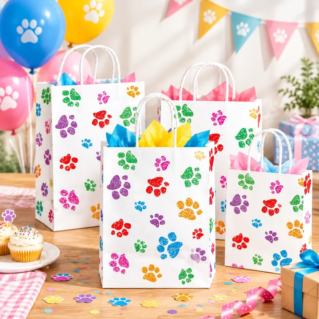10PCS/1Bag New Cartoon Animal Paw Print Paper Gift Bag Eco Friendly Kraft Handbag for Shopping Clothing Packaging Party Favors