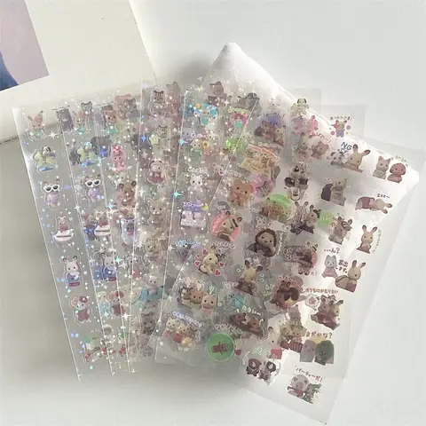 6/8Pcs 일본 복고풍 귀여운 만화 숲 동물 스티커 애완 동물 미적 플래시 필름 DIY 스티커 저널 스크랩북 전화 케이스 데칼