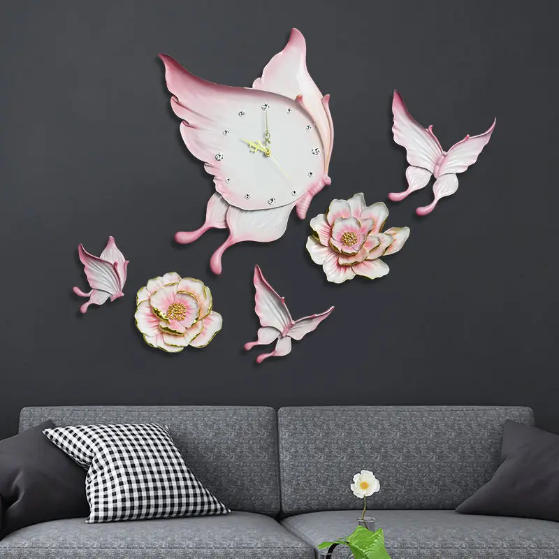 

Creative Fashionable Flower Butterfly Resin Wall Hanging Clock Lobby Wall Mural Decor Home Livingroom Background Wall Sticker