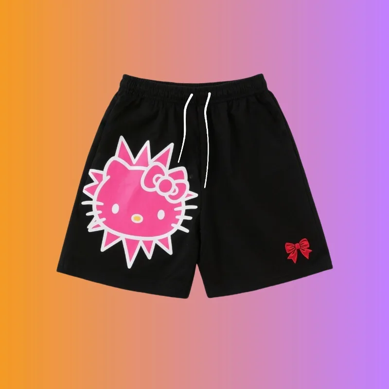 

MOTO-черные шорты для взрослых с принтом Hello Kitty Punk, красным бантом