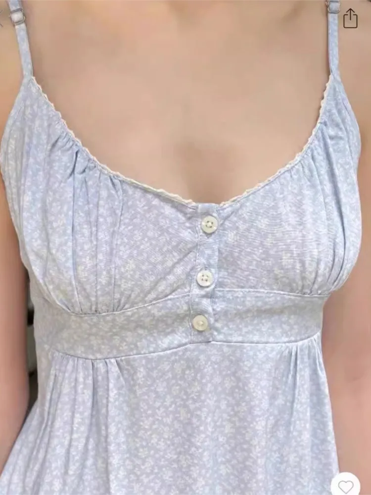 Casual Women Floral Print Button Tank Tops Summer Sexy V Neck Cotton Ruffles Crop Top Female Vintage Sleeveless Camis Vests
