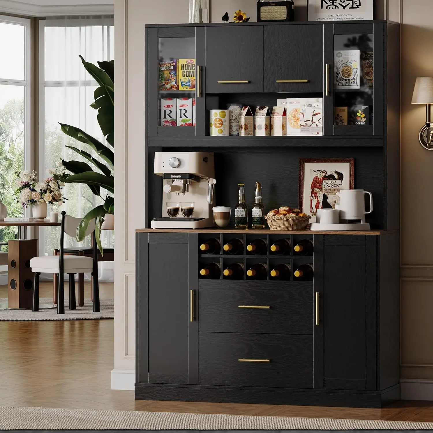 71인치 주방 팬트리 캐비닛, 전자레인지 스탠드 포함, 5개의 캐비닛, 2개의 서랍, 10개의 와인 랙, 모던 블랙 허치