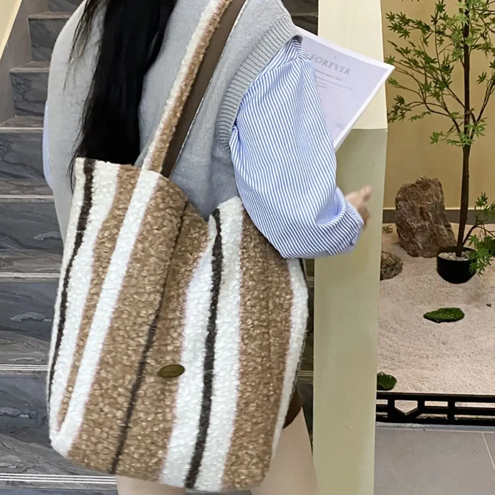 Casual Double-sided Tote Bag Striped Large Capacity Travel Shopping Bag Woolen Handbag