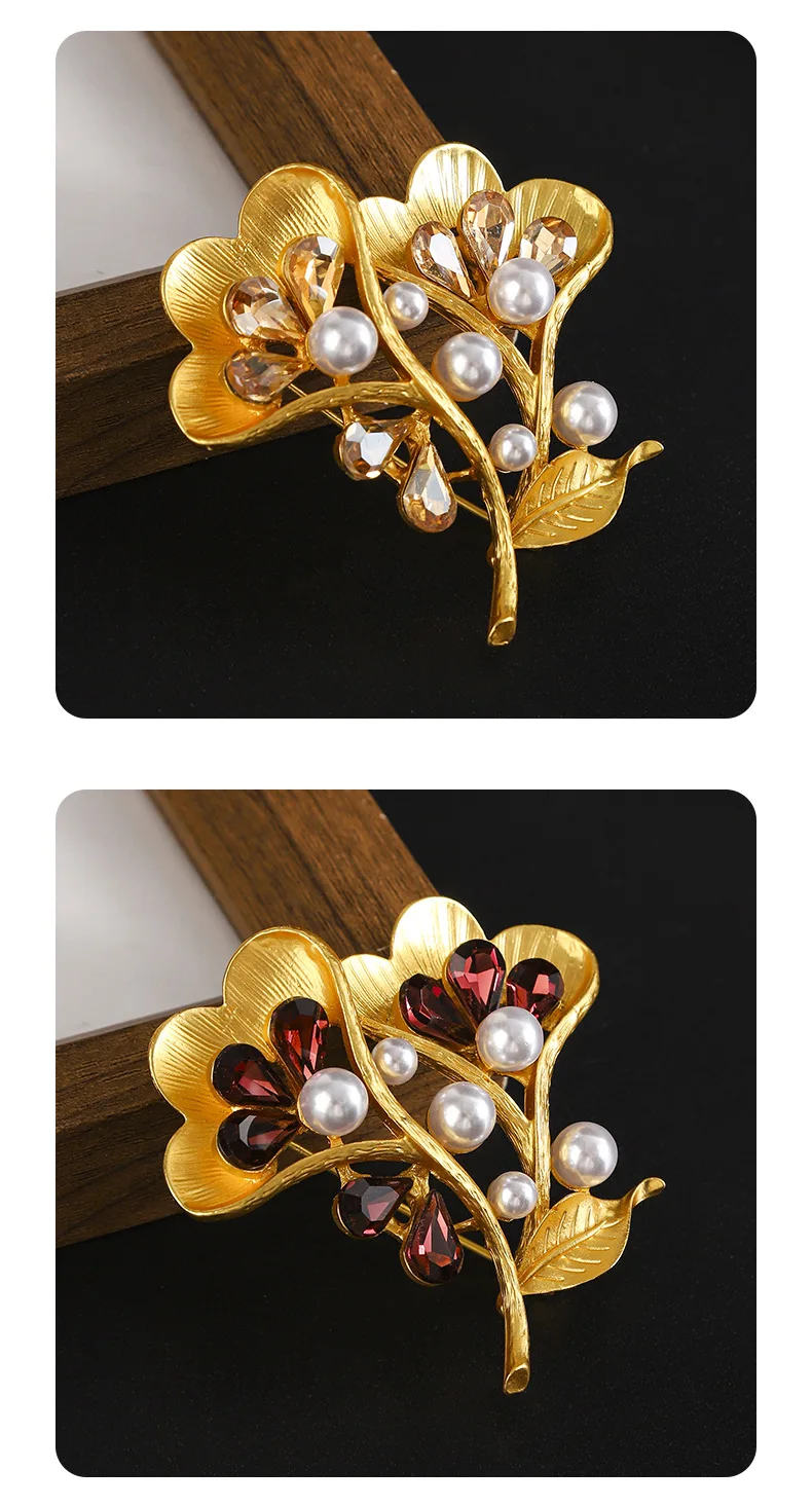 Pearl Ginkgo Leaf Brooch Women's Instagram Retro Pin Decorative Coat Suit Fixed Clothing Accessories