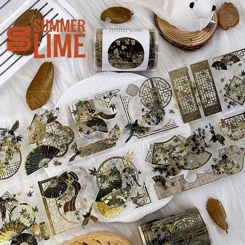 2m Laser Golden Foil Chinese style PET Washi Tape Vintage Fan Transparent Stickers Decor Adhesive Tape For Scrapbooking Journal