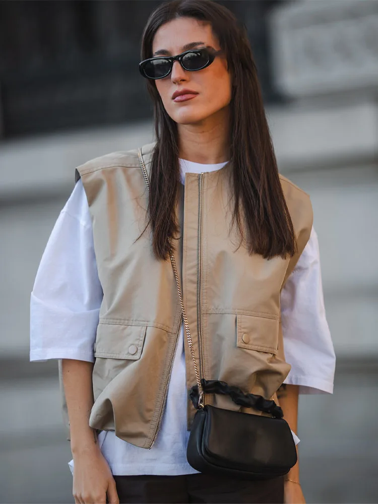 HH-Chaleco versátil sin mangas con doble cremallera para mujer, chaleco informal holgado con dobladillo plisado, a la moda, 2025