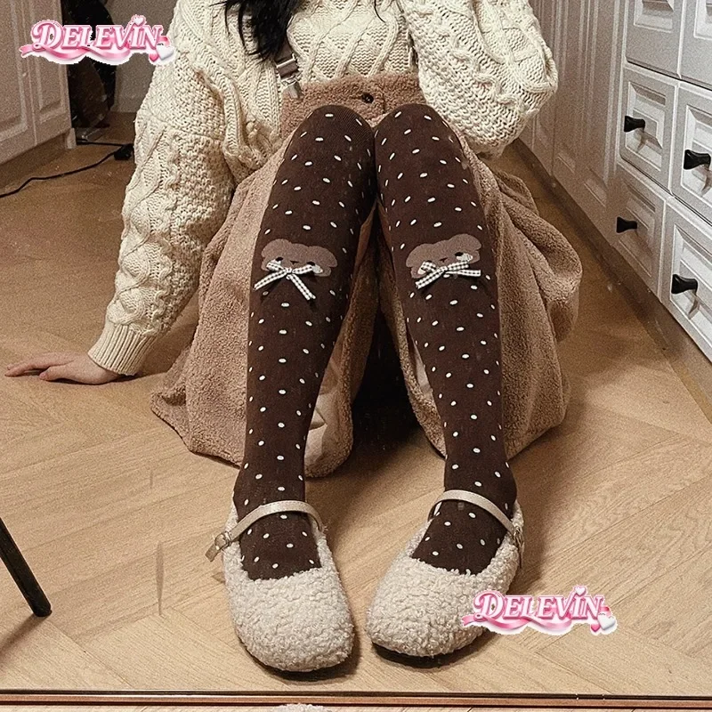 Japanese Cartoon Bear Polka Dot Bow Lolita Socks Women Autumn Winter Knee Socks Thick Combed Cotton Socks Thin Leg Stockings