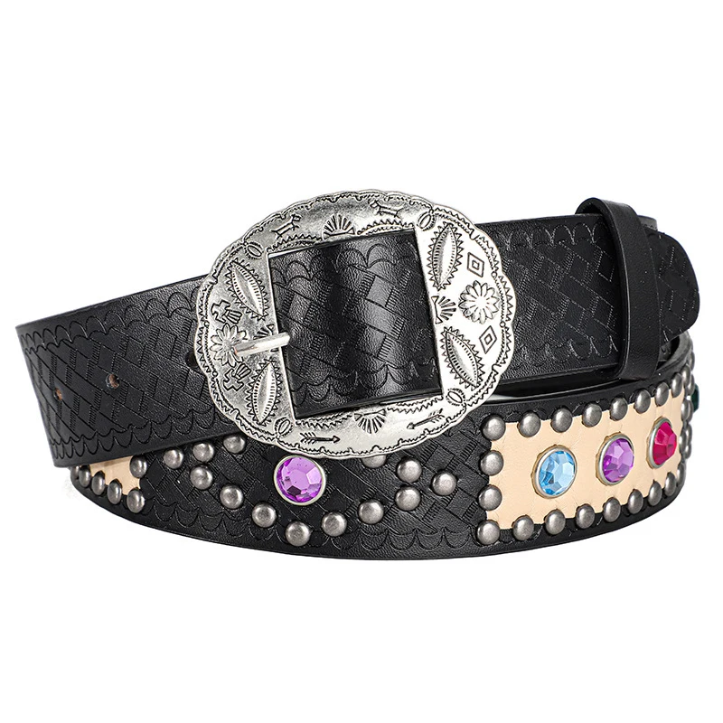 Western Embossed Gemstone Rivet PU Leather Women Belt Fashion Carved Pin Buckle Punk Men Belt