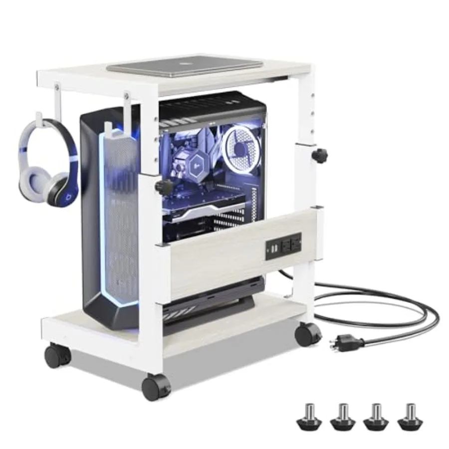 

Height Adjustable Computer Tower Stand with USB Charging Port and Charge Station - Under Desk CPU Holder Cart with Locking Cast