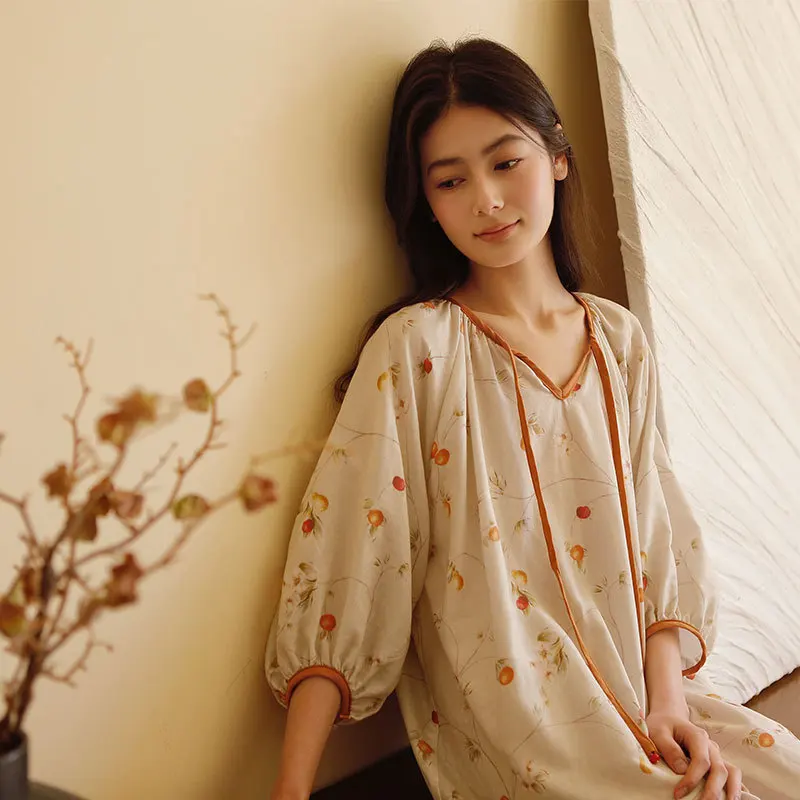

2025 Women's Loose Breathable and Comfortable Nightgown Cotton Double-layer Gauze Lace-up Pomegranate Flower Long Sleeve Dress